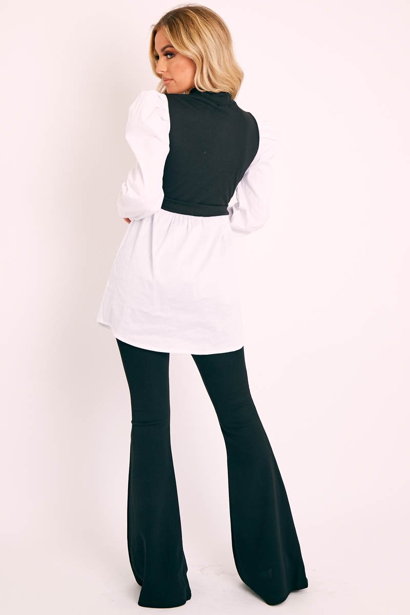 Black Overlay Puff Sleeve White Shirt Dress - Olah Rebellious Fashion Black Overlay Puff Sleeve White Shirt Dress - Olah Rebellious Fashion