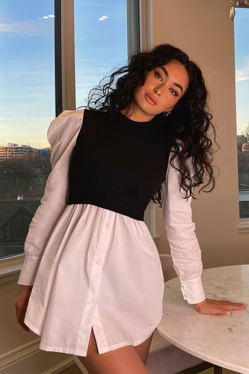 Black Overlay Detail Puff Sleeve White Shirt Dress - Olah-Shirts