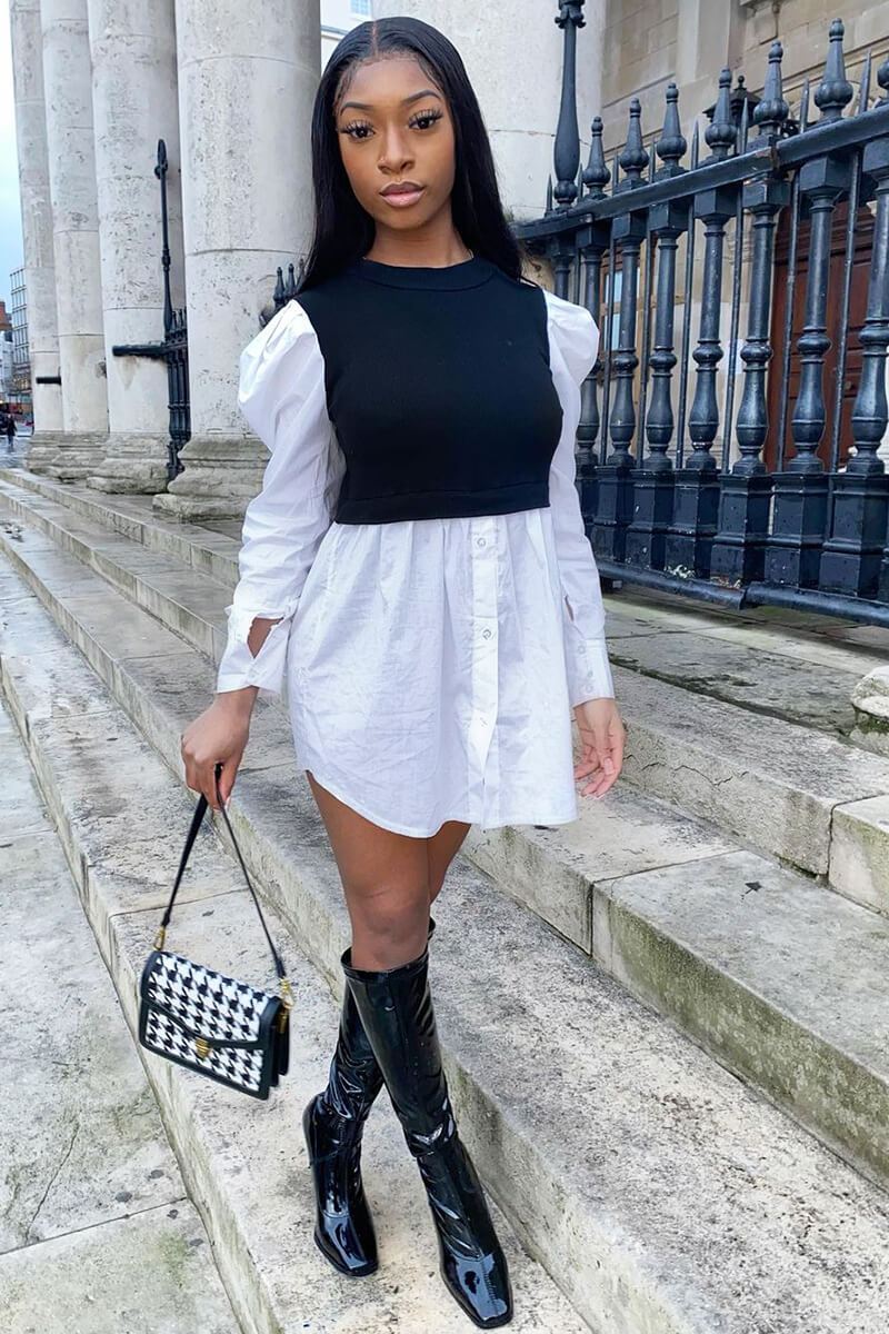 Black Overlay Puff Sleeve White Shirt Dress - Olah Rebellious Fashion Black Overlay Puff Sleeve White Shirt Dress - Olah Rebellious Fashion