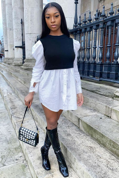 Black Overlay Puff Sleeve White Shirt Dress - Olah – Rebellious Fashion