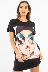 Black Oversized Face Silence T-Shirt Dress - Brinsley-Dresses