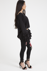 Black Oversized Frill Sleeve Top - Connie-Tops