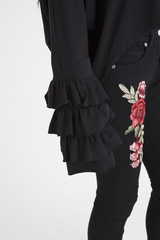 Black Oversized Frill Sleeve Top - Connie-Tops