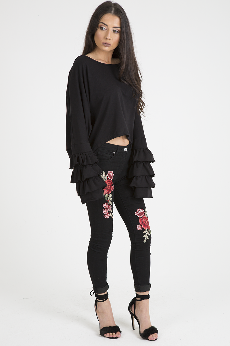 Black Oversized Frill Sleeve Top - Connie-Tops