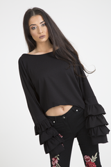 Black Oversized Frill Sleeve Top - Connie-Tops
