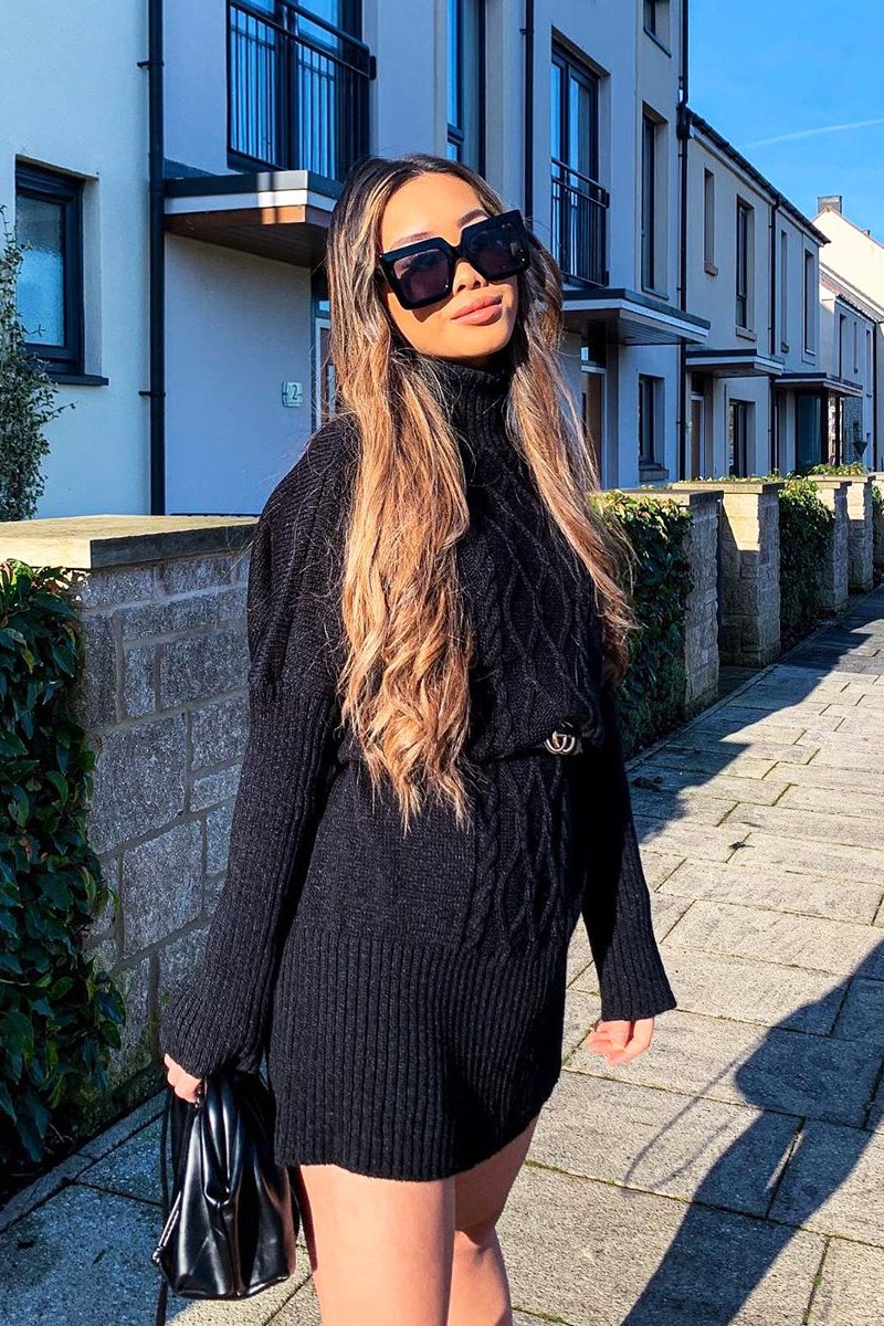 Black Oversized Knitted Turtle Neck Jumper Dress - Freyah Rebellious Fashion Black Oversized Knitted Turtle Neck Jumper Dress - Freyah Rebellious Fashion