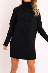 Black Oversized Knitted Turtle Neck Jumper Dress - Freyah-Dresses