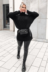 Black Oversized Knitted Turtle Neck Jumper Dress - Freyah-Dresses