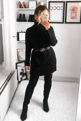 Black Oversized Knitted Turtle Neck Jumper Dress - Freyah-Dresses