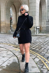 Black Oversized Knitted Turtle Neck Jumper Dress - Freyah-Dresses