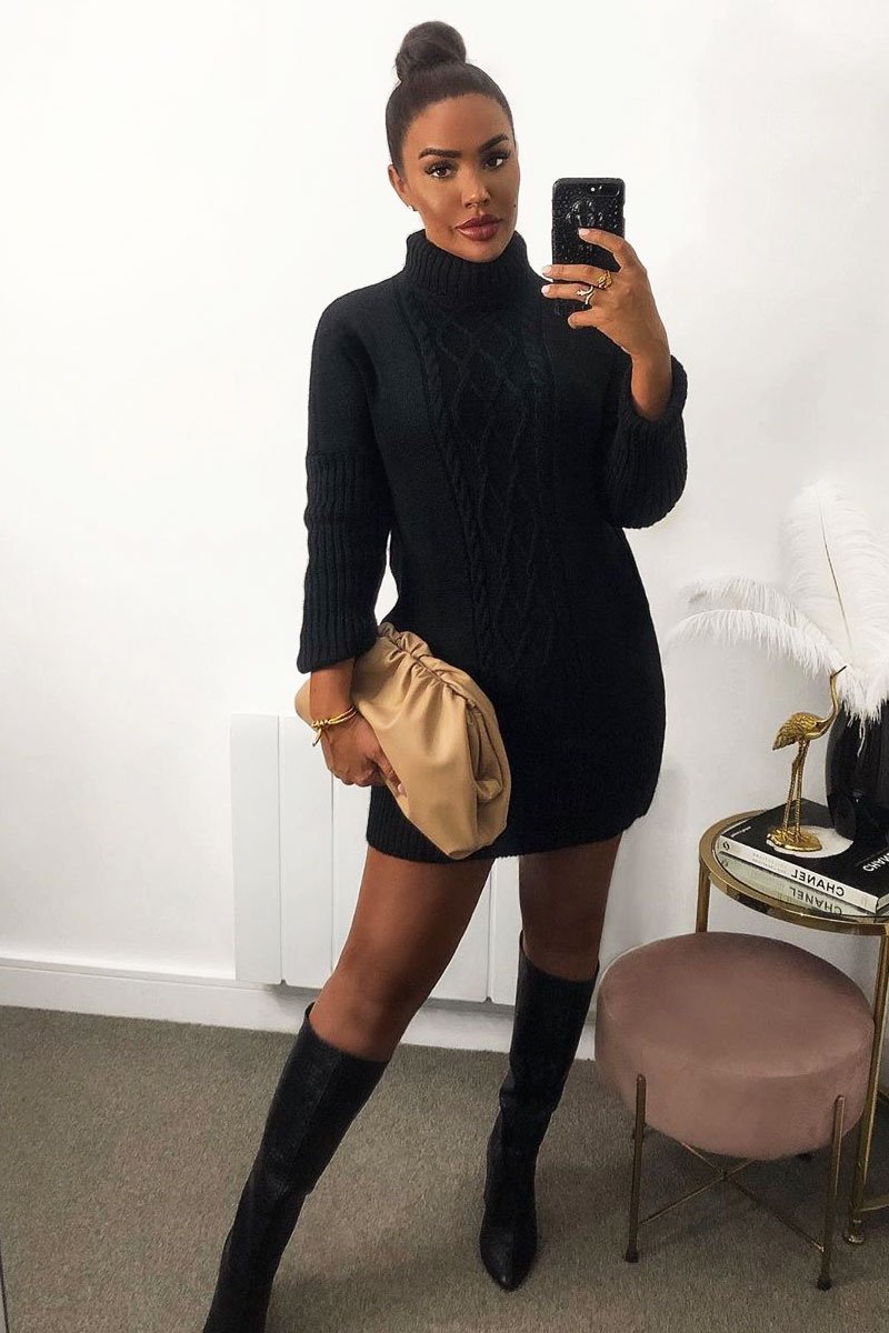 Black Oversized Knitted Turtle Neck Jumper Dress Black Oversized Knitted Turtle Neck Jumper Dress