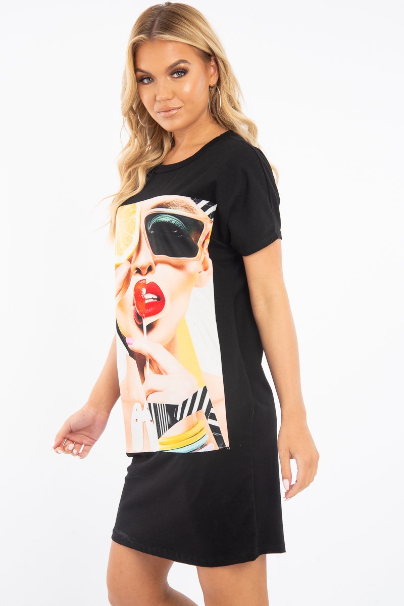 face print t shirt dress Women's TDM Classic Face Custom T-Shirt Dress -Black