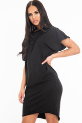 Black Oversized Pocket Front Midi T-Shirt Dress - Whitney-Dresses