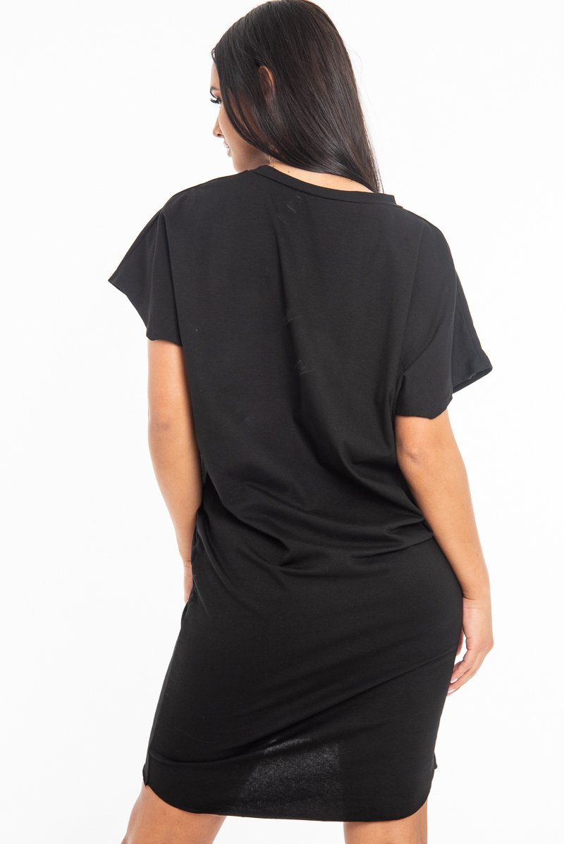 Black Oversized Pocket Front Midi T-Shirt Dress - Whitney-Dresses