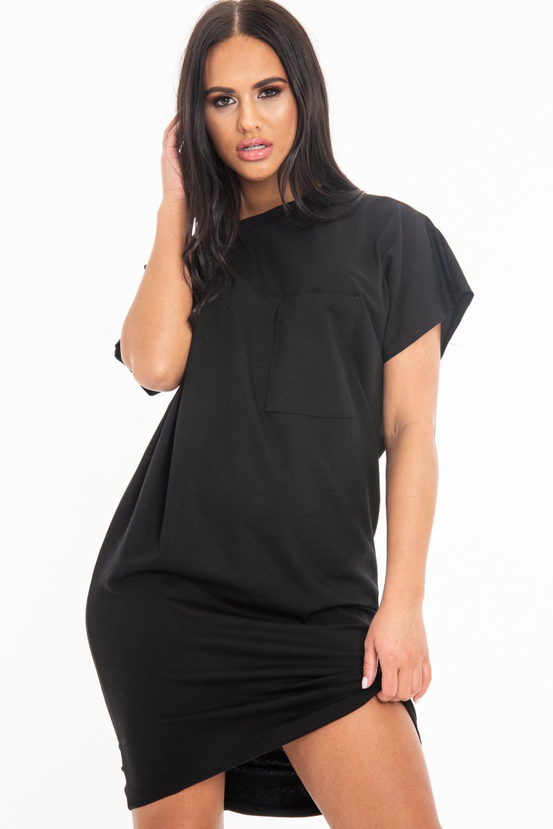 midi black t shirt dress Black Oversized Pocket Front Midi T-Shirt Dress