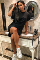 Black Oversized Pocket Front Midi T-Shirt Dress - Whitney-Dresses