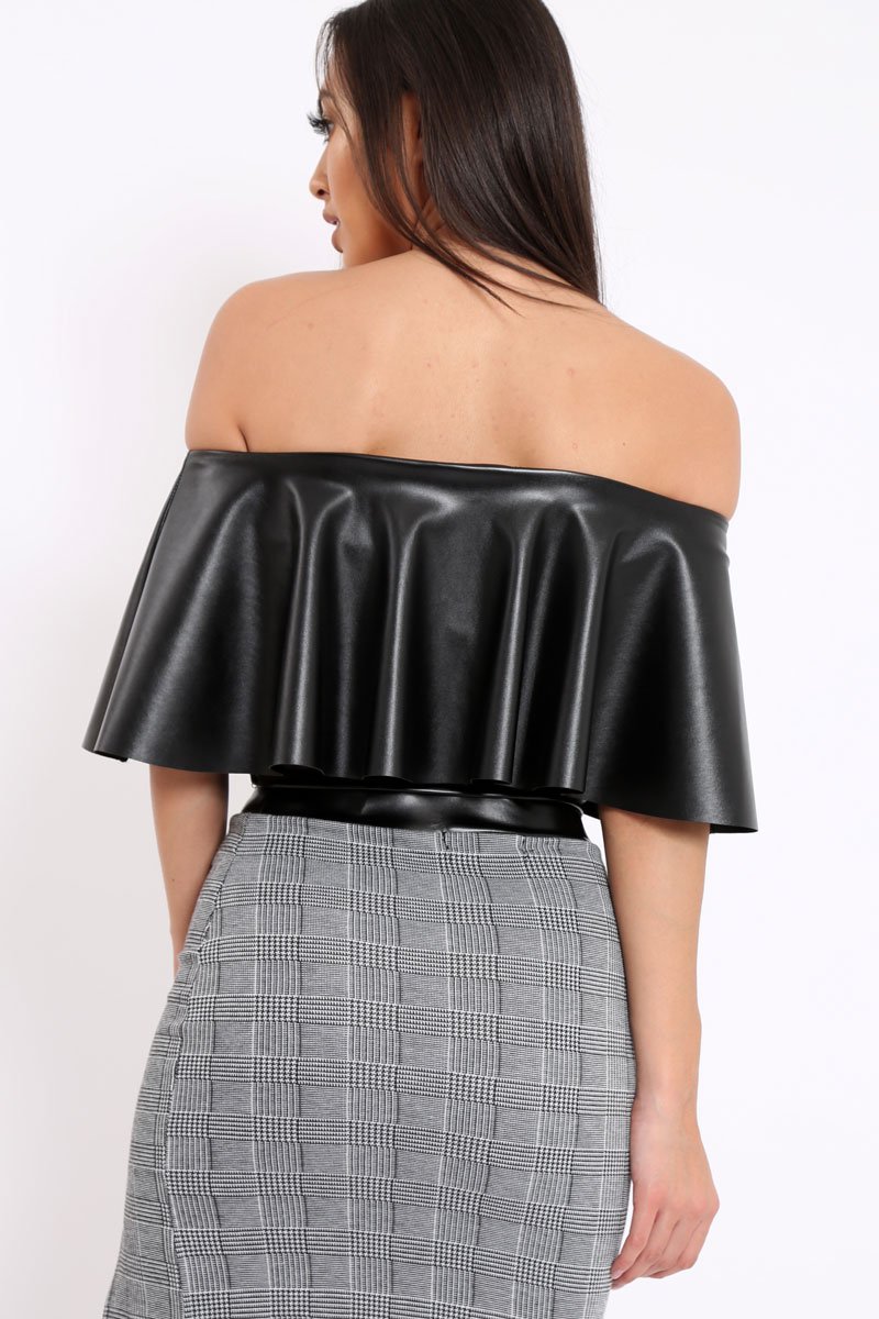 Black PU Bardot Crop Top - Justine-Tops