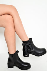 Black PU Bow Detail Chunky Chelsea Boots - Daleisa-Boots