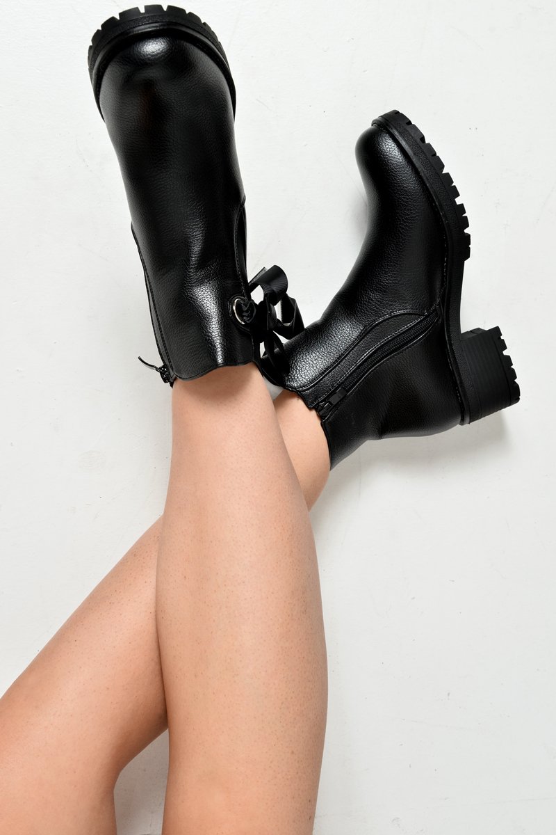 Black PU Bow Detail Chunky Chelsea Boots - Daleisa-Boots