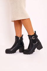 Black PU Buckle Heeled Chelsea Boot - Damari-Boots