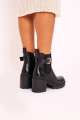 Black PU Buckle Heeled Chelsea Boot - Damari-Boots