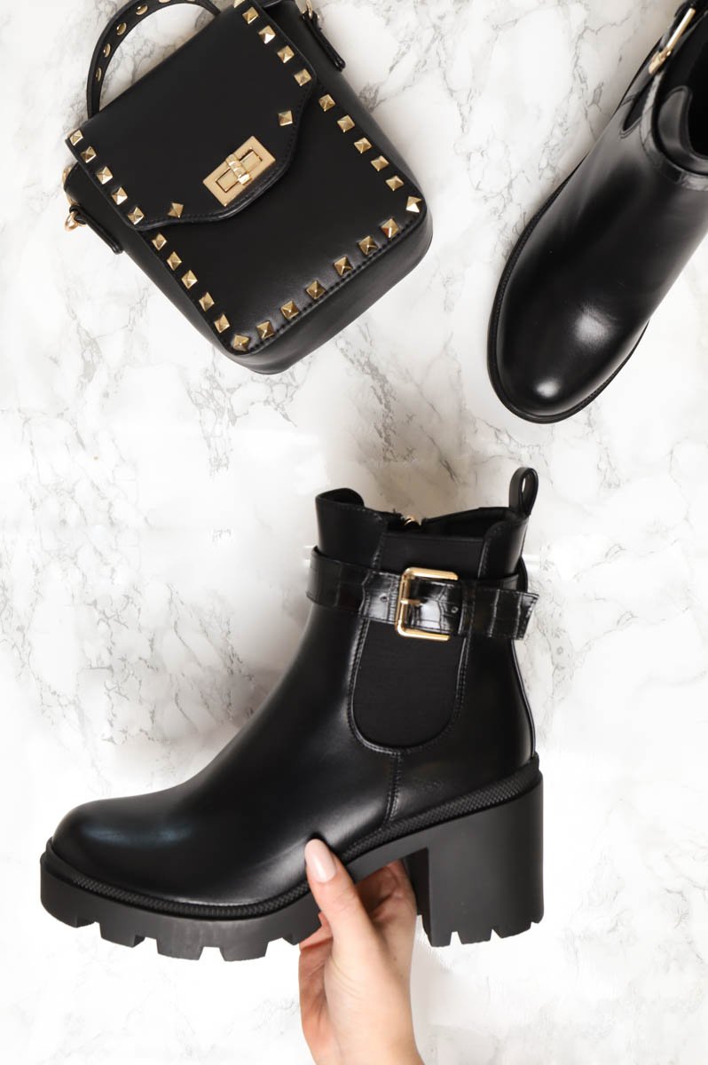 Black PU Buckle Heeled Chelsea Boot - Damari-Boots