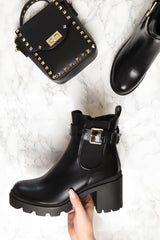 Black PU Buckle Heeled Chelsea Boot - Damari-Boots