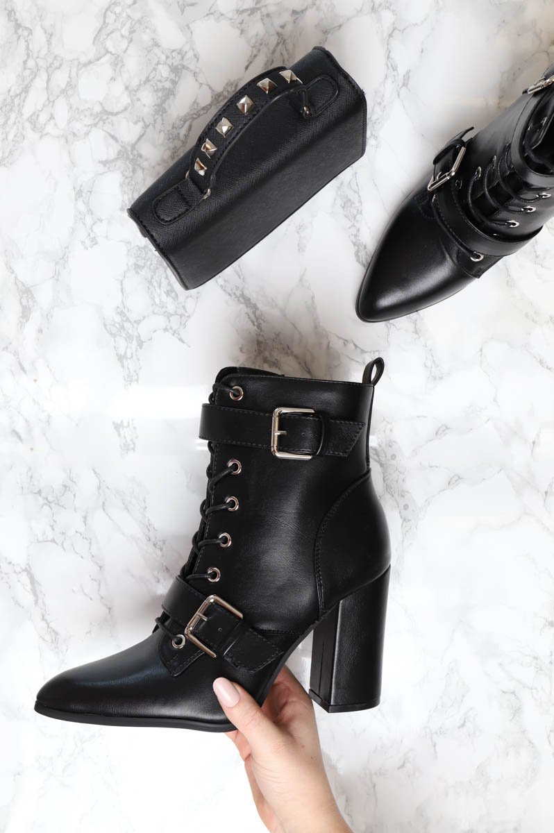 Black PU Buckle Pointed Boots - Canyon-Boots