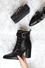 Black PU Buckle Pointed Boots - Canyon-Boots