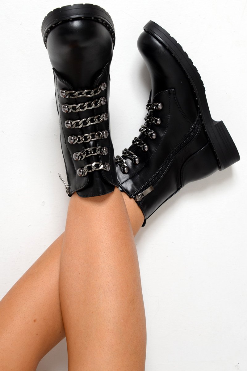 Black PU Chain Detail Biker Boots - Fischer-Boots