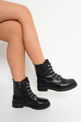 Black PU Chain Detail Biker Boots - Fischer-Boots