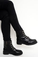 Black PU Chain Detail Biker Boots - Fischer-Boots
