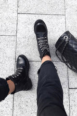 Black PU Chain Detail Biker Boots - Fischer-Boots