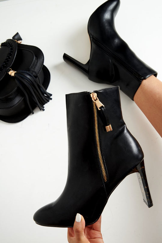 Black PU Clear Heel Side Zip Boots - Shauna