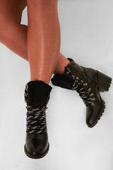 Black PU Cleated Sole Heeled Boots - Gwynn-Boots