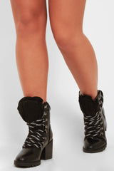 Black PU Cleated Sole Heeled Boots - Gwynn-Boots