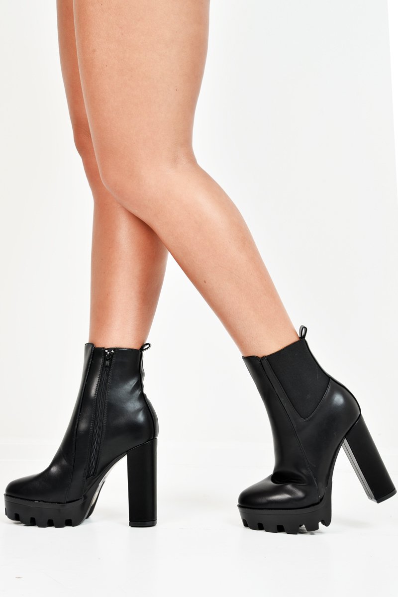Black PU Cleated Sole Platform Heeled Boots - Therese-Boots