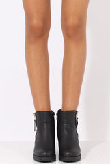 Black PU Cleated Sole Zip Detail Ankle Boots - Stacey-Boots