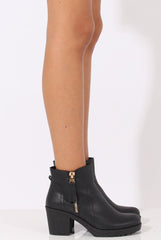 Black PU Cleated Sole Zip Detail Ankle Boots - Stacey-Boots