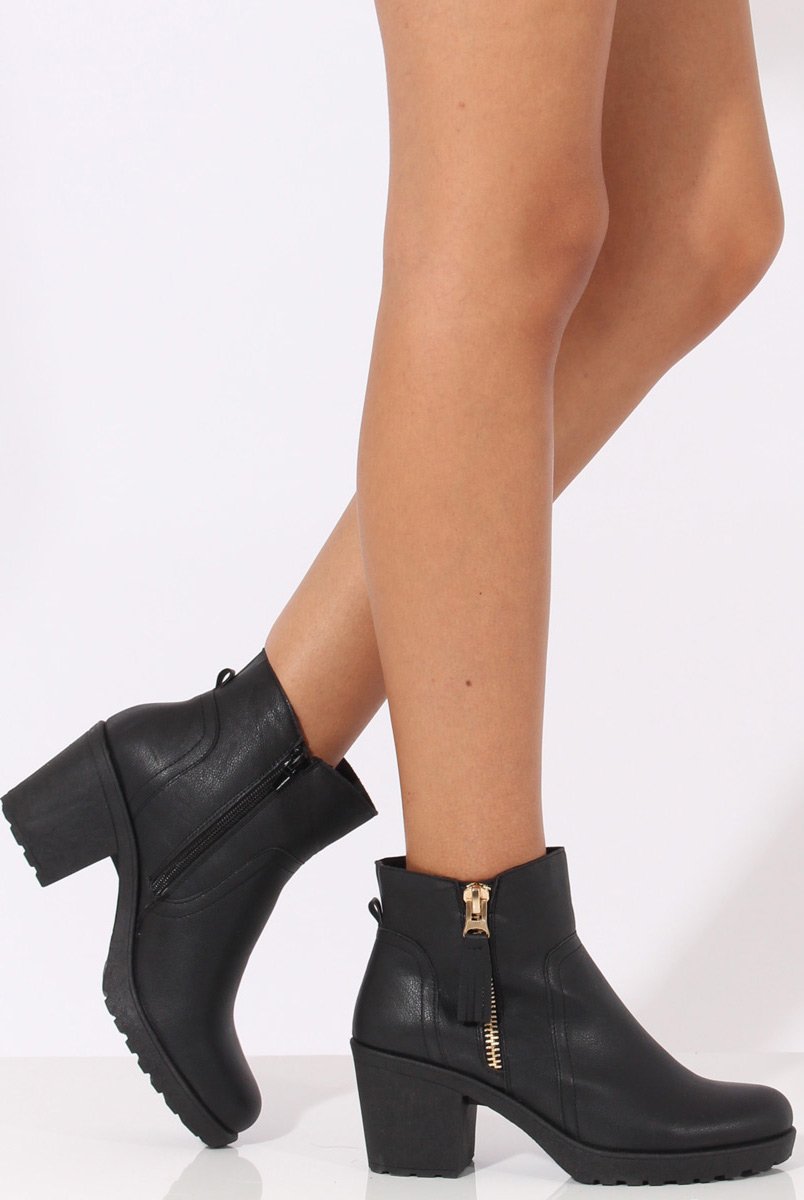 Black PU Cleated Sole Zip Detail Ankle Boots - Stacey-Boots