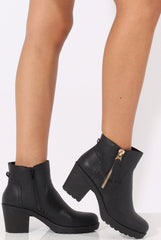 Black PU Cleated Sole Zip Detail Ankle Boots - Stacey-Boots