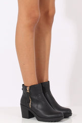 Black PU Cleated Sole Zip Detail Ankle Boots - Stacey-Boots