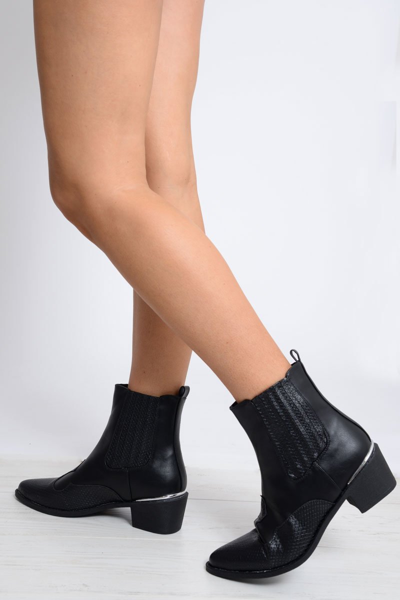 Black PU Cowboy Ankle Boots - Keko-Boots