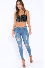 Black PU Cup Detail Harness Strap Crop Top - Molly-Tops