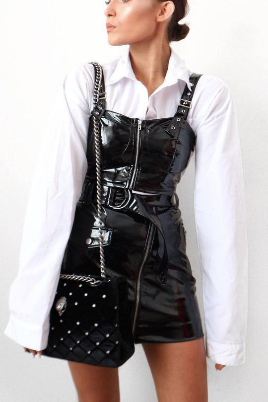 Black PU Cup Detail Harness Strap Crop Top - Molly