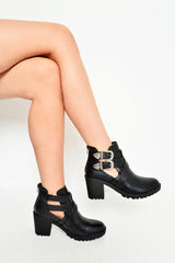 Black PU Cut Out Buckle Ankle Boots - Gracelin-Boots