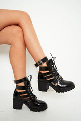 Black PU Cut Out Buckle Ankle Boots - Morgyn-Boots