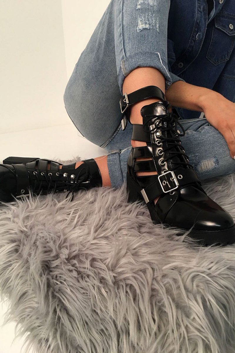 Black PU Cut Out Buckle Ankle Boots - Morgyn-Boots