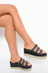 Black PU Embellished Flatform Slip On Sandals - Madina-Sliders