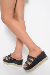 Black PU Embellished Flatform Slip On Sandals - Madina-Sliders